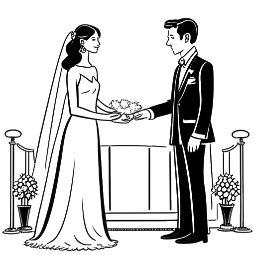 Line art-tekening van een man die Dr. Phil vertegenwoordigt, staand voor een trouwaltaar, hand in hand met een vrouw, met een scheidingscertificaat op de achtergrond.