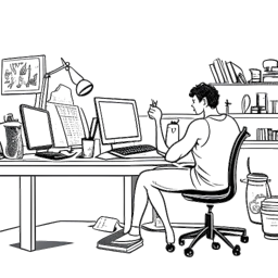 Dibujo de una persona, representando a David Laid, trabajando en una computadora en una habitación decorada con logros de fitness, simbolizando su éxito en línea en la intersección entre los videojuegos y el culturismo, en un fondo blanco.