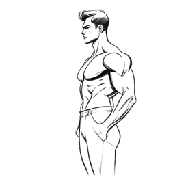 Dibujo de línea de un hombre musculoso, que representa a David Laid, irradiando confianza y transformación desde un adolescente flacucho a una figura de fuerza, en un fondo blanco.