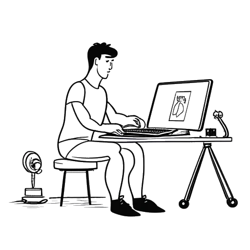 Disegno a linee di un uomo, rappresentante David Laid, impegnato con un laptop, in mezzo a attrezzature da palestra e una telecamera da ripresa, simboleggiante il suo impero fitness online contro uno sfondo semplice.