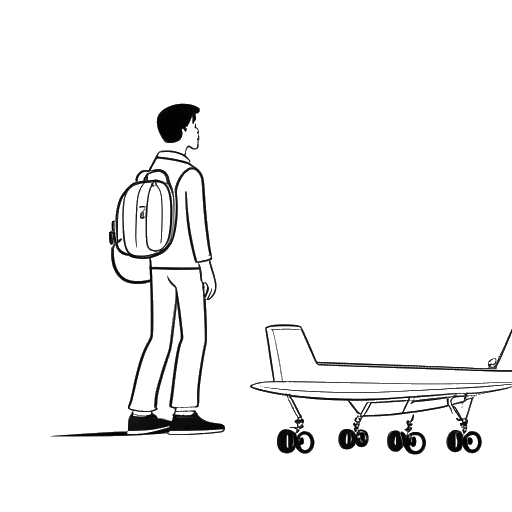 Disegno in stile line art di un uomo, che rappresenta David Laid, con bagagli in piedi di fronte a un aereo, indicando il suo trasferimento dall'Estonia a New Jersey