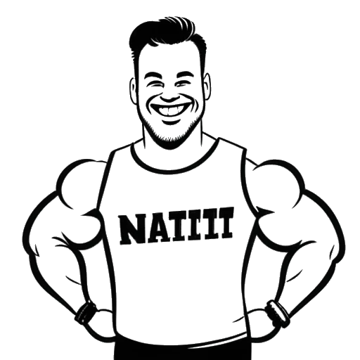 Disegno in stile line art di un uomo, che rappresenta David Laid, indossa una maglietta con scritto 'Half Natty' e sorride, con uno striscione dell'expo fitness sullo sfondo