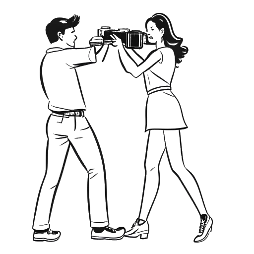Dibujo de arte lineal de un hombre y una mujer, que representan a David Laid y Julia Jackson, bailando, con Julia sosteniendo una cámara de video