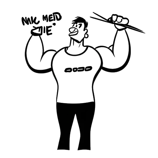 Dibujo de arte lineal de un hombre, que representa a David Laid, sosteniendo un cartel que dice 'Sin Esteroides ni Hormonas de Crecimiento' y sacudiendo la cabeza