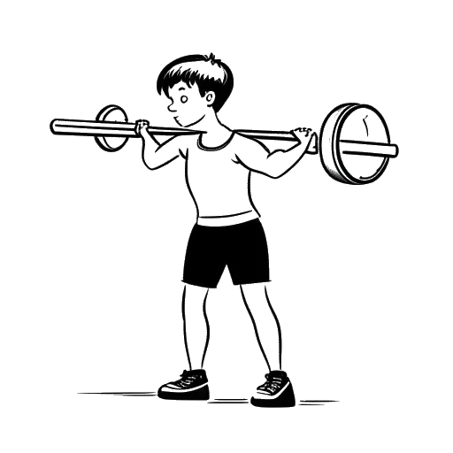 Dibujo de arte lineal de un adolescente, que representa a David Laid, levantando pesas, con una columna vertebral curvada que indica escoliosis