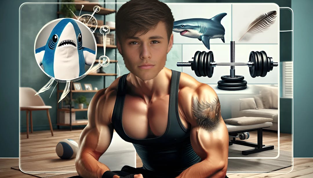 David Laid steht in einem Fitnessstudio und hält eine Kurzhantel mit Fitnessgeräten im Hintergrund.