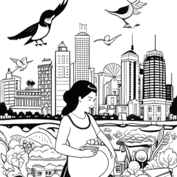Dibujo de línea de una mujer, representando a Georgia Hassarati, con símbolos de partería como una cigüeña y un bebé, ambientado en el horizonte de Brisbane.