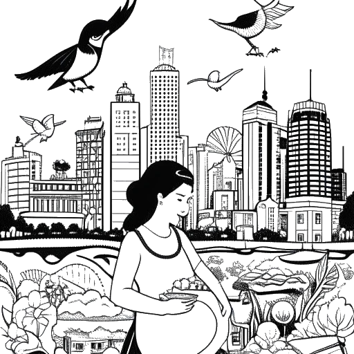 Strichzeichnung einer Frau, die Georgia Hassarati darstellt, mit Hebammensymbolen wie einem Storch und einem Säugling vor der Skyline von Brisbane.