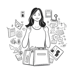 Strichzeichnung einer Frau, die Georgia Hassarati darstellt, posierend mit Symbolen von sozialen Medienplattformen und Marken-Einkaufstaschen, mit Geldstapeln im Hintergrund.