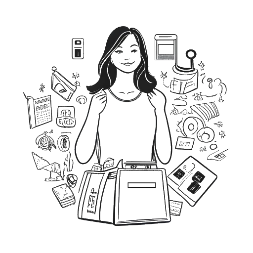 Strichzeichnung einer Frau, die Georgia Hassarati darstellt, posierend mit Symbolen von sozialen Medienplattformen und Marken-Einkaufstaschen, mit Geldstapeln im Hintergrund.
