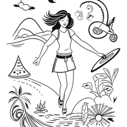Desenho em arte linear de uma mulher, representando Georgia Hassarati, fazendo trilhas e surfando, segurando um passaporte e usando joias douradas, com ícones de viagem e bem-estar ao seu redor.