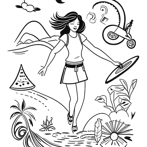 Disegno in line art di una donna, che rappresenta Georgia Hassarati, che fa escursioni e surf, tiene in mano un passaporto e indossa gioielli d'oro, con icone di viaggio e benessere che la circondano.