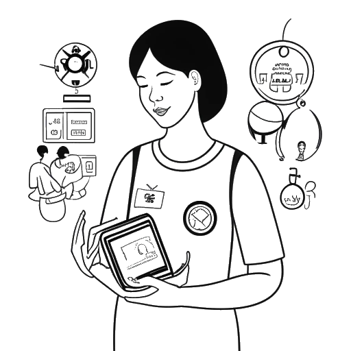 Strichzeichnung einer Frau, die Georgia Hassarati repräsentiert, in einem Pflegeoverall, während sie ein Neugeborenes hält, umgeben von Symbolen sozialer Medien, einem Fernseher und verschiedenen Markenemblemen, alles vor einem weißen Hintergrund.