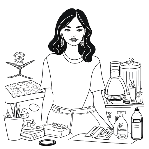 Line art drawing of a woman, representing Georgia Hassarati, posing with fashion and lifestyle products.
