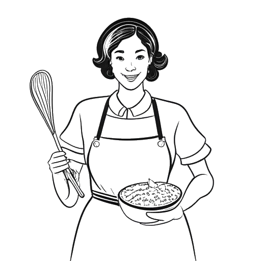 Dibujo de arte lineal de una mujer, representando a Georgia Hassarati, vistiendo un delantal y sosteniendo una cuchara de madera, rodeada de ingredientes de cocina.