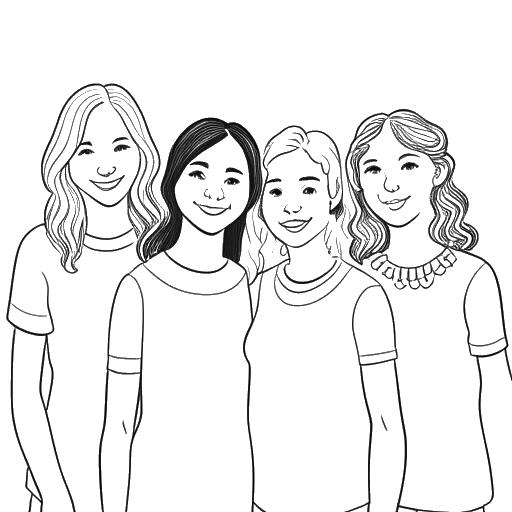 Lijntekening van vier zussen, waarbij de middelste Georgia Hassarati representeert, vriendelijk glimlachend.