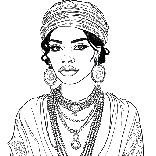 Line art drawing of a woman, representing Georgia Hassarati, adorned with gold chains and rings.