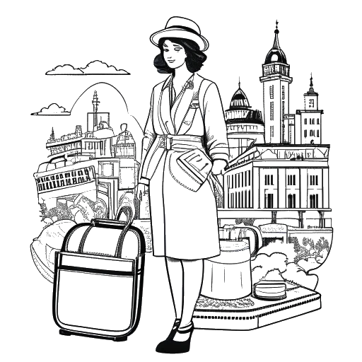 Dibujo de arte lineal de una mujer, representando a Georgia Hassarati, sosteniendo una maleta y una bolsa de partera, con famosos lugares emblemáticos detrás de ella.