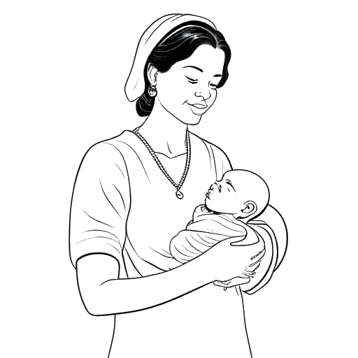 Line art drawing of a woman, representing Georgia Hassarati, wearing a midwife uniform and holding a newborn baby.