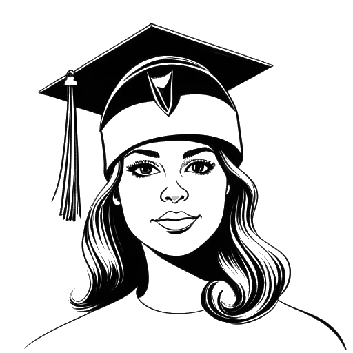 Desenho artístico de uma mulher, representando Georgia Hassarati, usando um chapéu de formatura e segurando um diploma de obstetrícia.