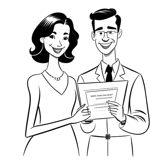 Dessin en noir et blanc d'une femme et d'un homme, représentant Georgia Hassarati et Dom Gabriel, tenant un certificat de 'Perfect Match'.