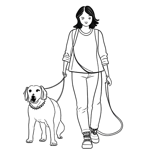 Strichzeichnung einer Frau, die Georgia Hassarati repräsentiert, mit ihrem Hund, in Outdoor-Aktivitäten engagiert.