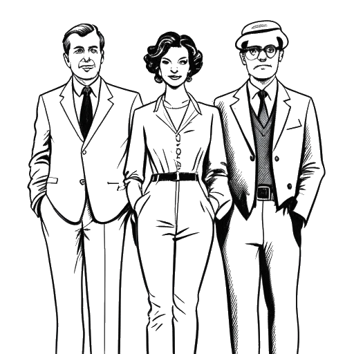 Line art drawing of a woman, representing Georgia Hassarati, standing between Dom Gabriel and Harry Jowsey.