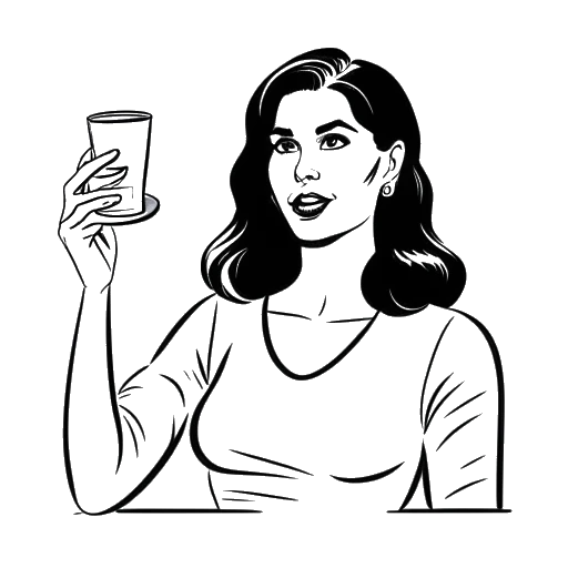 Line art drawing of a woman, representing Georgia Hassarati, recognizing the 'Too Hot to Handle' set with Lana and cups from the first season.