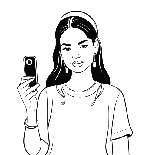 Line art drawing of a woman, representing Georgia Hassarati, holding a smartphone displaying Instagram and TikTok logos.