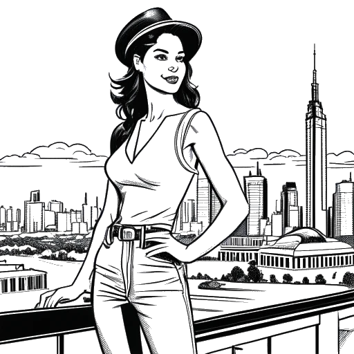 Line art drawing of a woman, representing Georgia Hassarati, posing at the 'Too Hot to Handle' photocall in London.