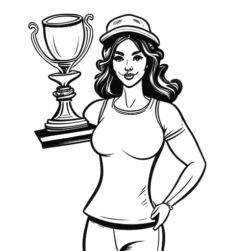 Dibujo de arte lineal de una mujer, representando a Georgia Hassarati, sosteniendo un trofeo de tercer lugar con la inscripción 'Too Hot to Handle'.