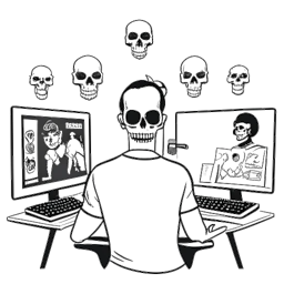 Strichzeichnung eines Mannes, der Twomad repräsentiert, mit einem Totenkopf-Avatar, der durch verschiedene Bildschirme interagiert, auf denen YouTube- und Twitch-Logos angezeigt werden, um seine Kreativität und Innovation in der digitalen Inhalteerstellung hervorzuheben.