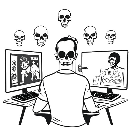 Desenho de um homem, representando Twomad, com um avatar de caveira, interagindo com os espectadores por meio de várias telas exibindo os logos do YouTube e Twitch, destacando sua criatividade e inovação na criação de conteúdo digital.