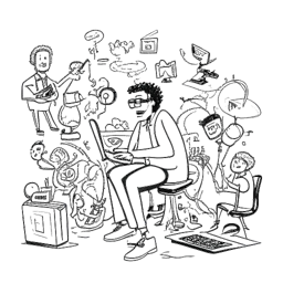 Line art of a man, representing Twomad, embroiled in online controversies, interacting with industry personalities, displaying unpredictability and provocativeness in his online persona.