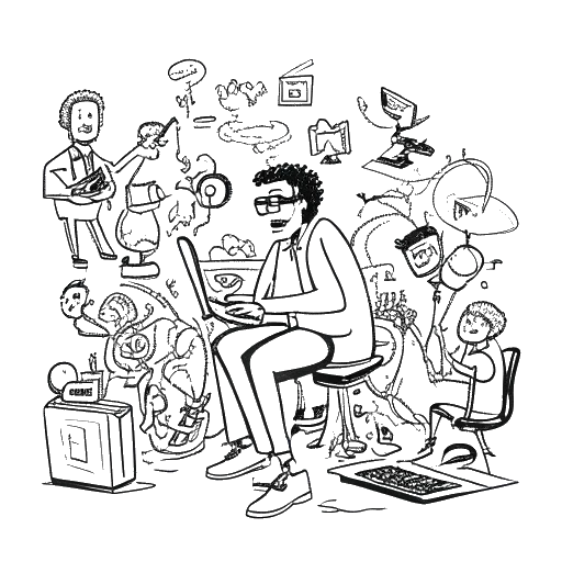 Desenho de um homem, representando Twomad, envolvido em controvérsias online, interagindo com personalidades da indústria, exibindo imprevisibilidade e provocação em sua persona online.