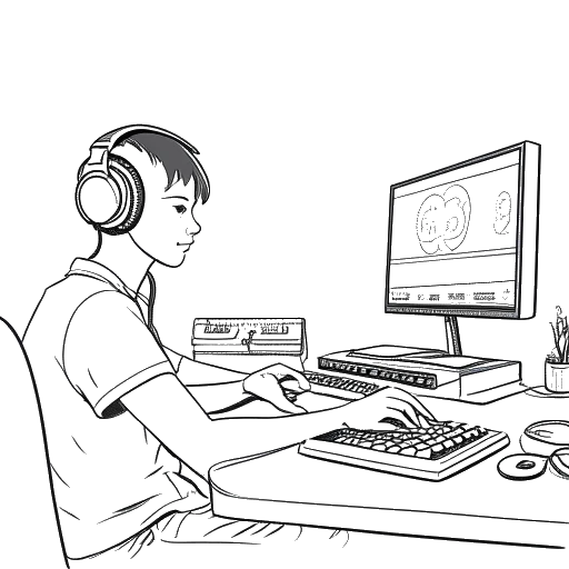 Lijntekening van een man die Twomad vertegenwoordigt, met een gefocuste uitdrukking en een headset, voor een computer met gaming accessoires, wat zijn rol als content creator en gamer suggereert.