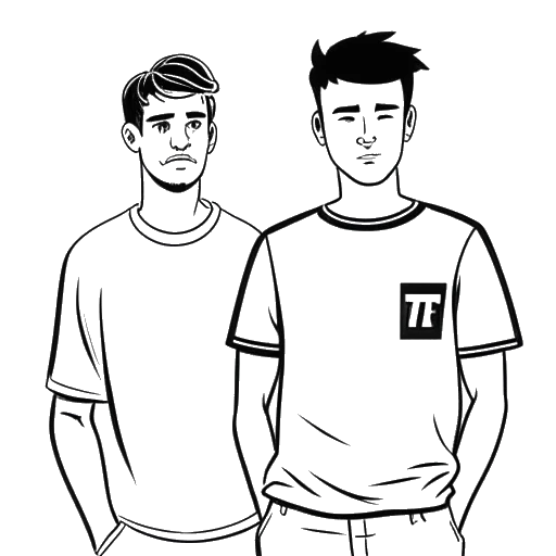 Line art drawing of a young man, representing Twomad, standing determinedly with a YouTube logo on his shirt and an older man in the background.