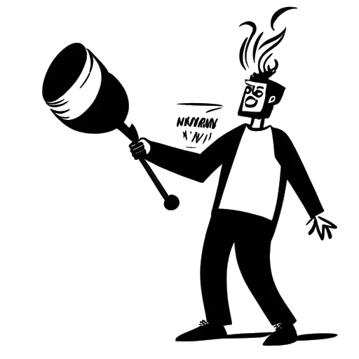 Line art drawing of a man, representing Twomad, holding a megaphone and standing in front of a flaming sign with the word 'Controversy', on a white background.