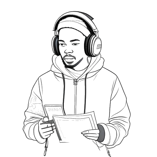 Line art drawing of a man, representing Twomad, wearing a hoodie and holding a map of Ethiopia and Manitoba.