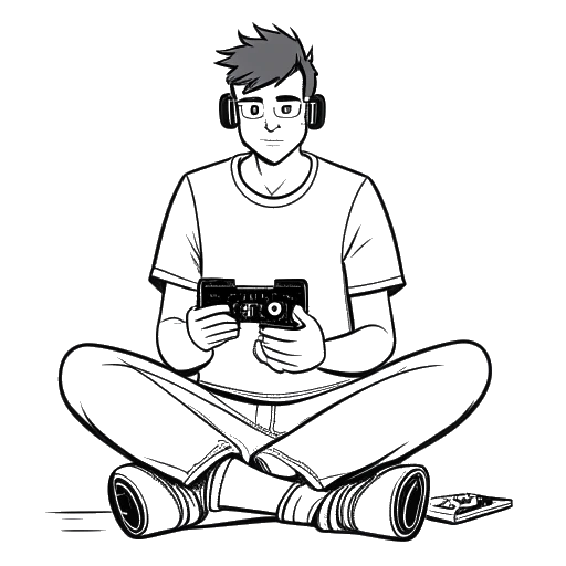 Line art drawing of a man, representing Twomad, holding a game controller and sitting in front of the Twitch and YouTube logos, on a white background.