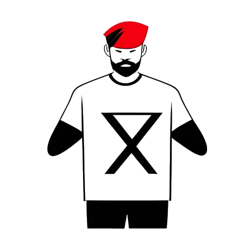 Strichzeichnung eines Mannes, der Twomad darstellt, der ein umstrittenes Merchandise-Element hält, über das ein rotes 'X' gelegt ist.