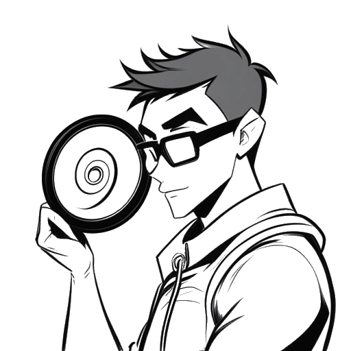 Line art drawing of a man, representing Twomad, holding a magnifying glass over a screenshot of Overwatch, with a Reddit logo in the background, on a white background.