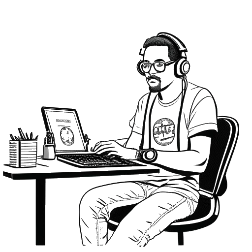 Dibujo de arte lineal de un hombre, representando a Twomad, sentado en una mesa de podcast con micrófonos y auriculares, con logotipos de varios podcasts y programas en el fondo.