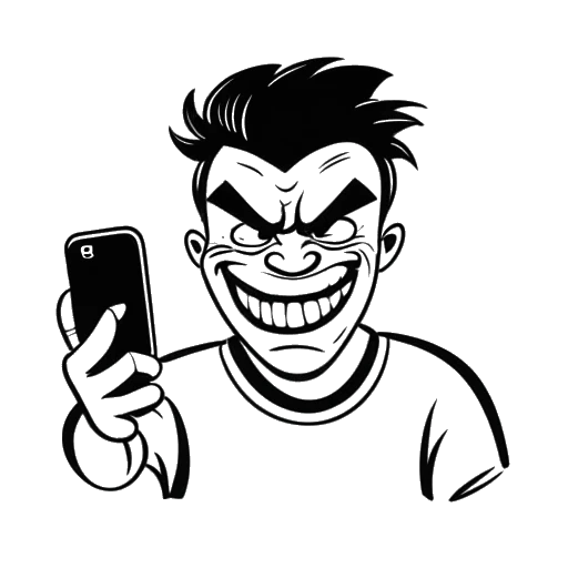 Line art drawing of a man, representing Twomad, holding a smartphone displaying a troll face, with a Generation Z logo in the background, on a white background.