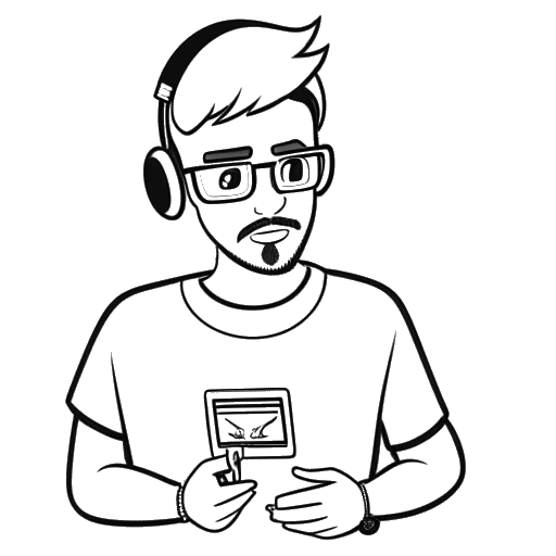 Line art drawing of a man, representing Twomad, holding the Twitch and YouTube logos side by side, displaying a stream on each, on a white background.