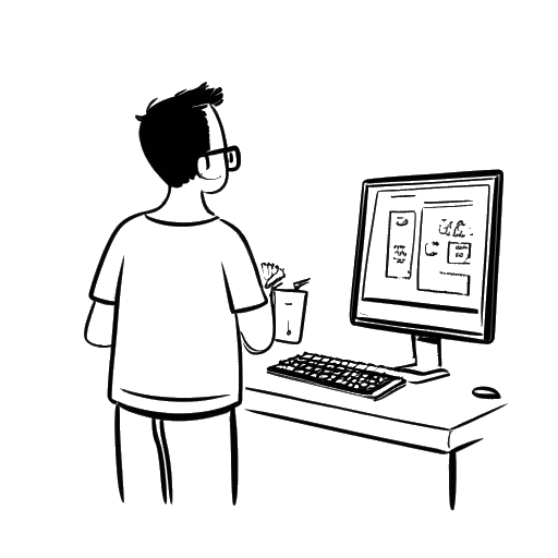 Dibujo de arte lineal de un hombre, representando a Twomad, de pie junto a una pantalla de computadora mostrando publicaciones y comentarios controvertidos.