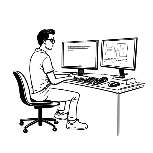 Dibujo de arte lineal de un hombre, representando a Twomad, sentado en un escritorio con dos pantallas de computadora, una mostrando LOLYOU1337 y la otra mostrando 'Twomad'.