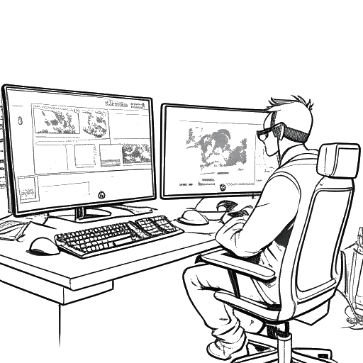 Dibujo de arte lineal de un hombre, representando a Twomad, sentado en un escritorio con pantallas duales mostrando gameplay de Counter-Strike y Overwatch, rodeado de memes.