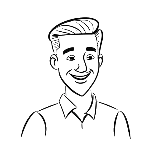 Dibujo de arte lineal de un hombre, representando a Twomad, sosteniendo un smartphone mostrando una llamada de Zoom con una sonrisa traviesa.