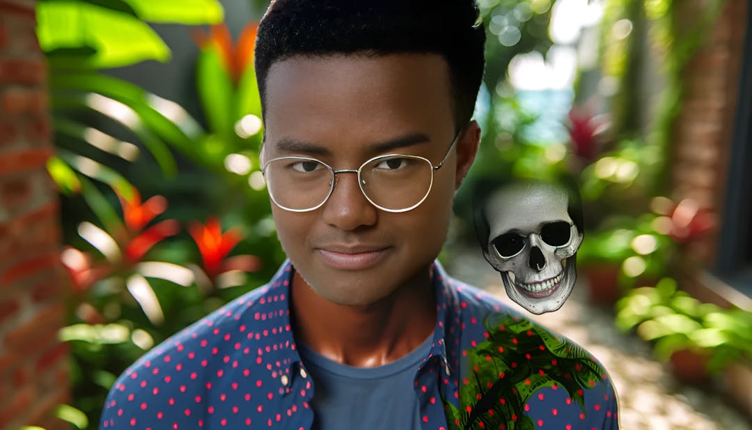 Twomad, standing outdoors with glasses, short hair, and a subtle skull motif, in a vibrant and trendy setting.